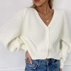 Women Casual V-Neck Buttoned Lantern Sleeve Sweater