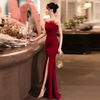 Evening Women Temperament Solid Color Off-The-Shoulder Fishtail Slit Wedding Dress