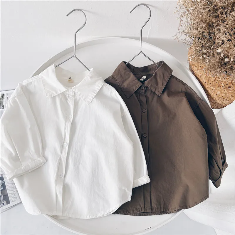 Boys Casual Solid Color Lapel Single-Breasted Long Sleeve Shirt