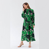 Women Elegant Vacation Loose Stand Collar Pleated Long Sleeves Printed Chiffon Dress