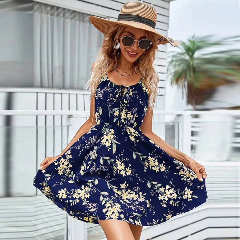 Women Elegant Pullover Vacation Floral Printing Sleeveless Spaghetti Strap Dress