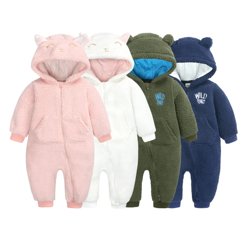 Kids Baby Boys Girls Autumn Winter Casual Cute Solid Color Polar Fleece Long Sleeve Hooded Bodysuit