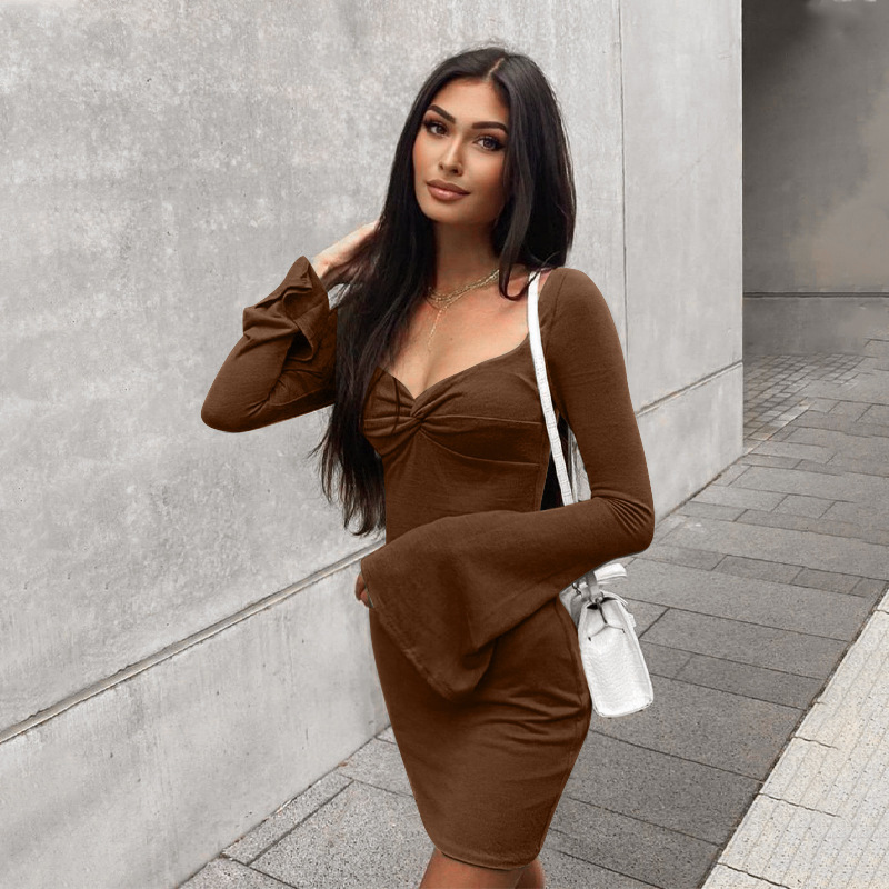 Women Fashion Sexy Solid Color Flared Long Sleeve Tight Dress