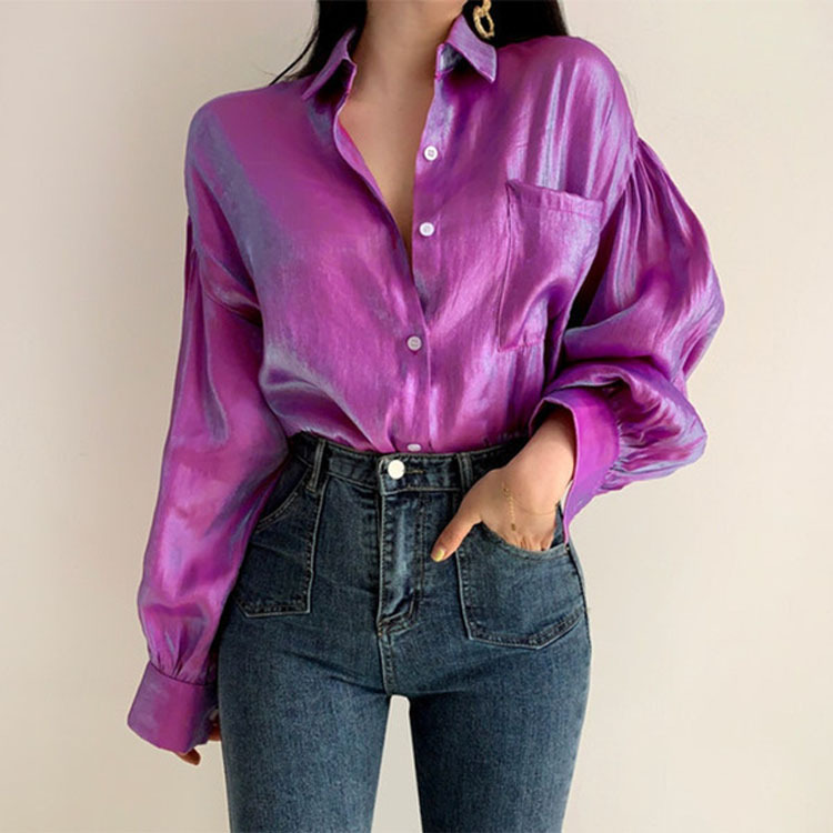 2 Pieces  Fashion Elegant Women Lapel Pocket Lantern Sleeve Long Sleeve Shirt Blouse