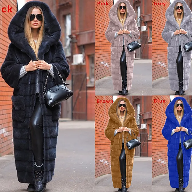 Winter Women Fashion Imitation Fur Hooded Plush Long Coat