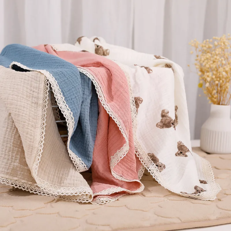 (Buy 1 Get 1) Baby Double-Layer Solid Color Swaddle Blanket Cotton Muslin Swaddles With Lace Edge(100*120cm )