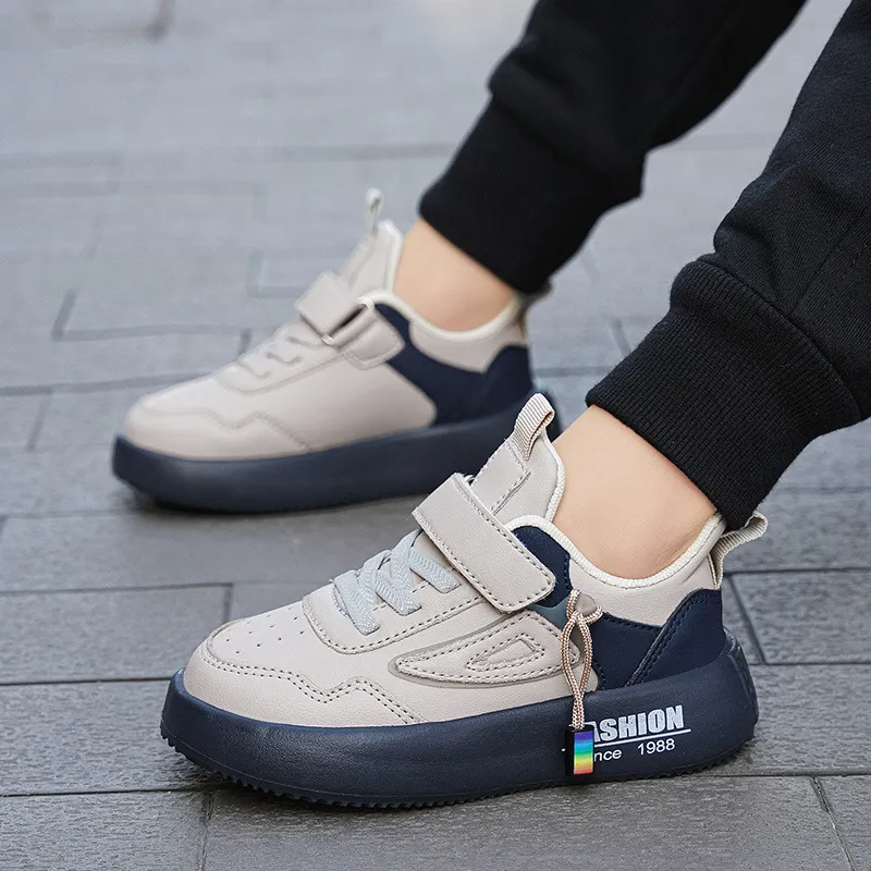 Kids Boys Autumn Winter Fashion Casual Color-Matching Breathable Letter Leather Platform Preppy Lace-Up Velcro Sneakers