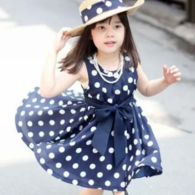 Children Kids Baby Fashion Girls Sleeveless Polka Dot Tie Bow Dress