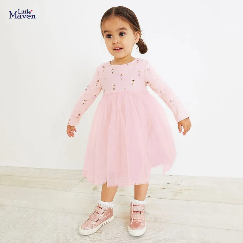 Kids Toddler Big Girls Fashion Casual Cute Solid Color Round Neck Long Sleeve Mesh Dress