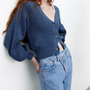 Women Casual Solid Color V Neck Long-Sleeved Single-Breasted Knitted Sweater Cardigan