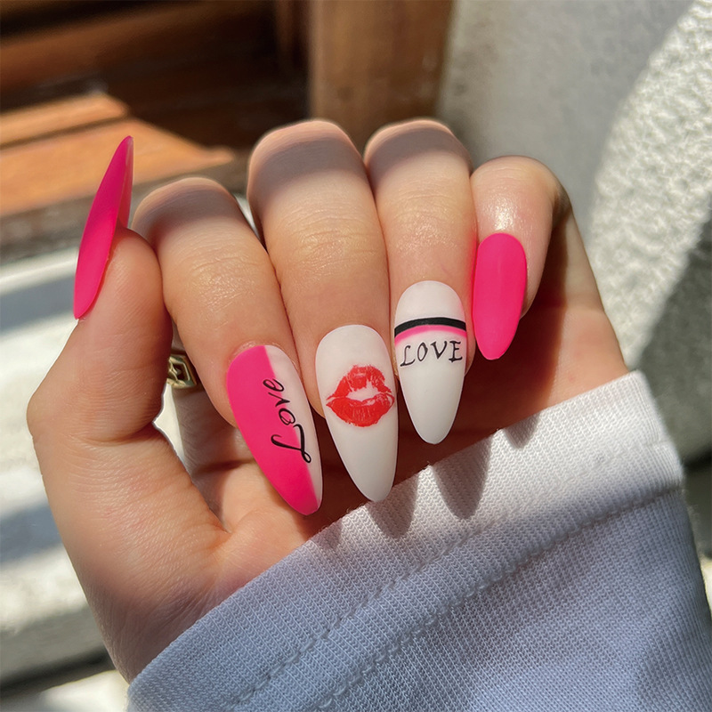 ( Buy 1 Get 2 )Valentine Day Women Fashion Frosted Fluorescent Powder Alphabet Detachable False Nails