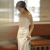 Light Wedding Satin Simple Off-The-Shoulder Temperament Bride Solid Color Dress
