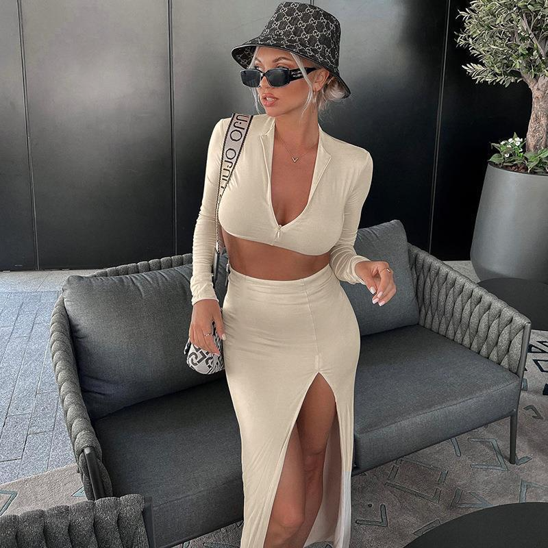 Women Sexy Long Sleeve Half Open Collar Cropped Top Side Slit Skirt Sets