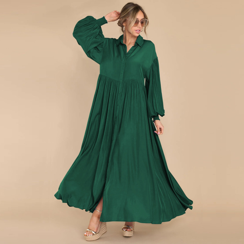 Women Ramadan /Eid Fashion Casual Solid Color Creased Long Sleeve Maxi Dress