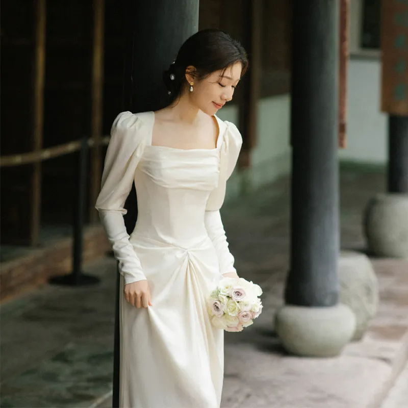 Korean-Style Women Wedding Satin Long Sleeve Temperament Evening Mermaid Dress