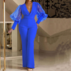 Women Solid V-Neck Mesh Panel Long Sleeve Neck Waist Casual Jumpsuit