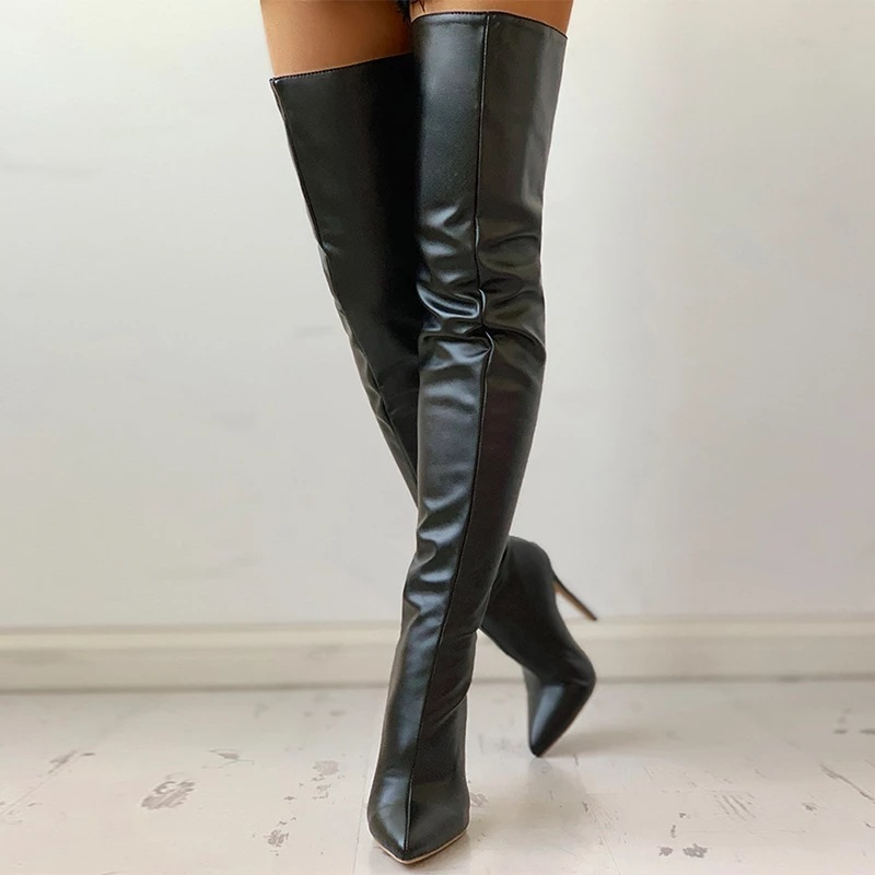 Women Plus Size Fashion Solid Color Stiletto Heel Pointed Toe PU Boots