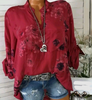 Fashion Casual Loose Floral Print V-Neck Long-Sleeved Women Blouses