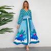 Ramadan /Eid Women Vintage Stripe Print Long Sleeve V-Neck Maxi Dress