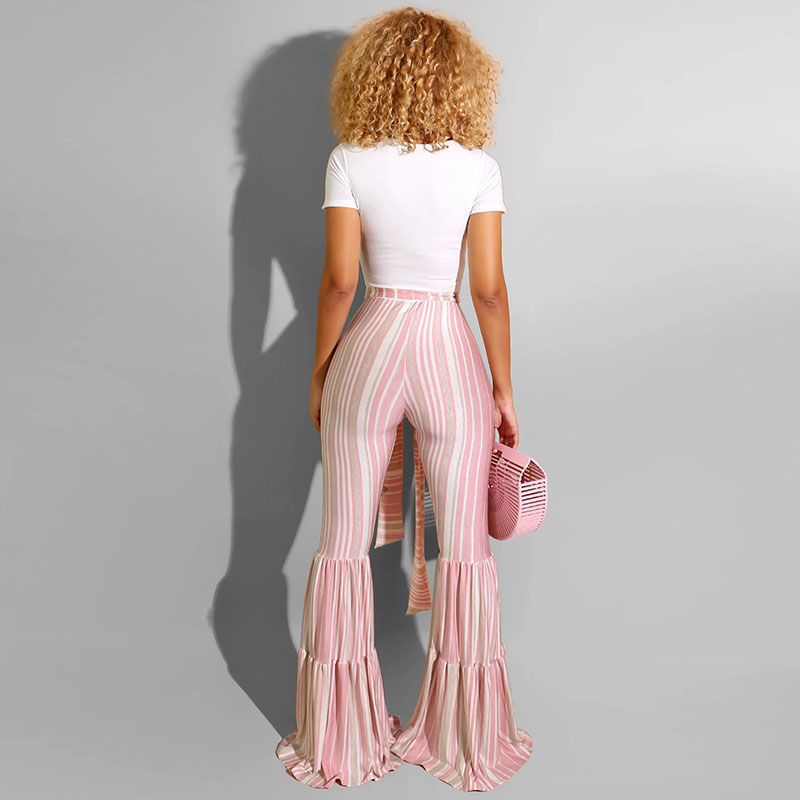 Women Fashion Striped Sash Flare Trousers