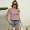 Women Lace Embroidered Collar Ruffles Sweet Loose Short Sleeve Shirt Blouse