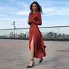 Women Elegant Solid Color Long Sleeve Side Slit Dress