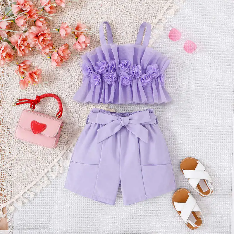 Toddler Girls Summer Casual Basic Solid Color Mesh Sling Top Shorts Sets