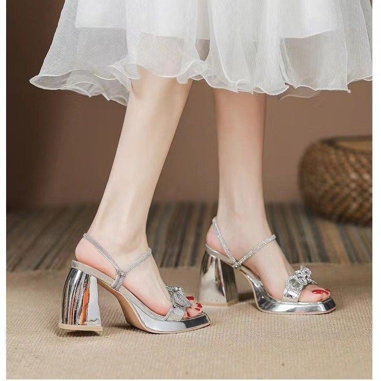 Women Fashion Sexy Bow Rhinestone Chunky Heel Thick-Soled Slippers Wedges