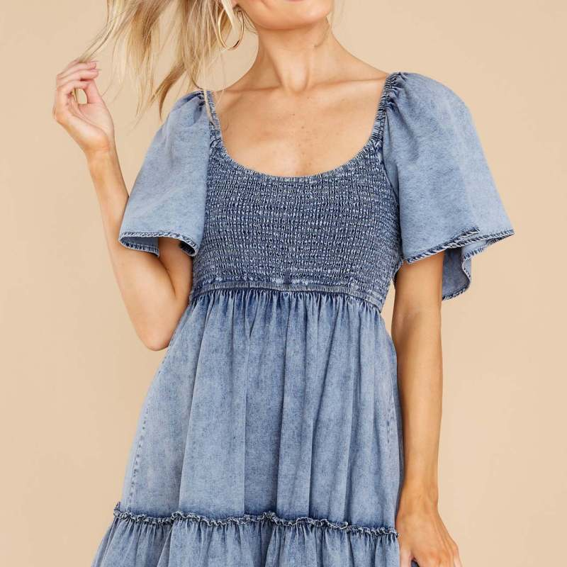 Women Fashion Sweet Vacation Square Neck Washed Short-Sleeved Denim Dress