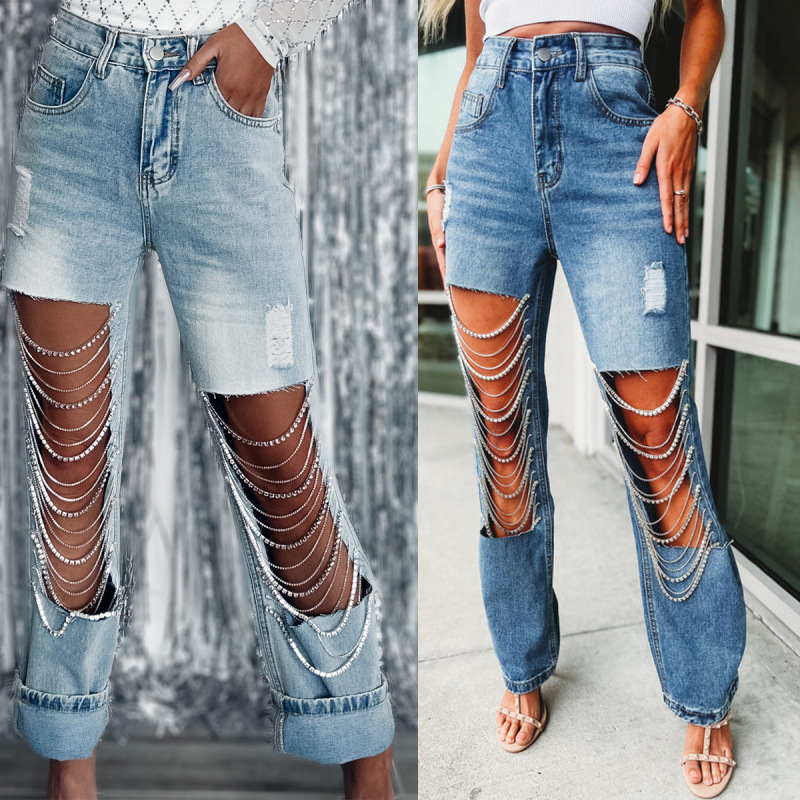 Women Fashion Street Oversized Ripped Chain Charm Straight Leg Jeans
