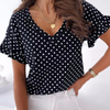 Fashion Casual Elegant Women'S Short-Sleeved White Polka-Dot Print Ruffled V-Neck Blouses