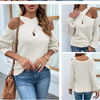 Women Fashion Winter Solid Color Cross Neck Off Shoulder Knitted Sweater