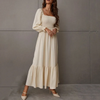 Women Ramadan /Eid Fashion Solid Color Square Collar Long Sleeve Ruffled High Waist Maxi Dress