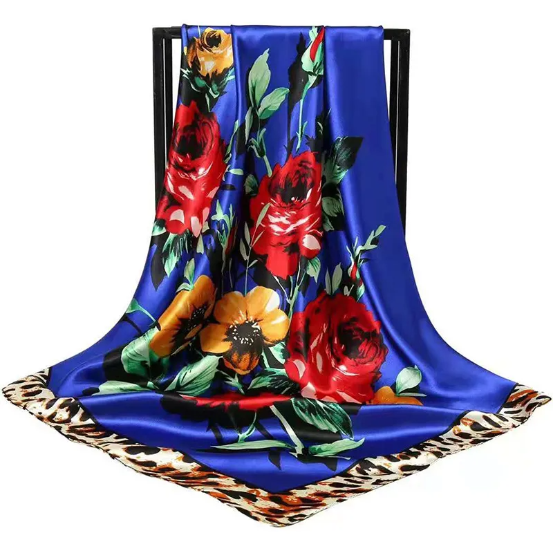 (Buy 1 Get 2) 90*90Cm Women'S Fashion Scarf Rose Print Large Square Scarf