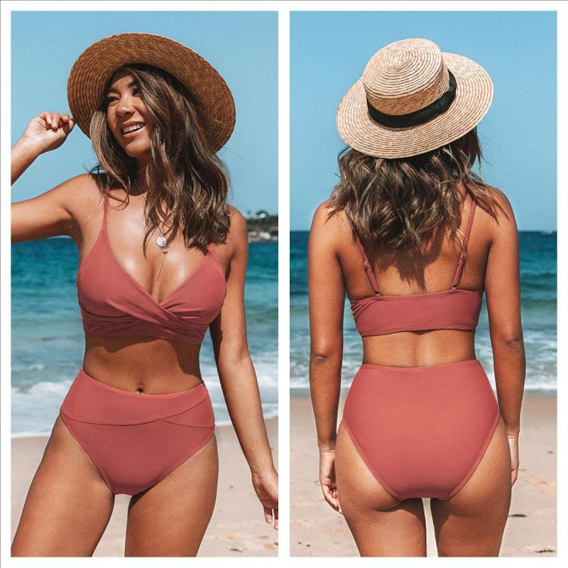 Women Fashion Solid Color Cross Two-Piece Swimsuit