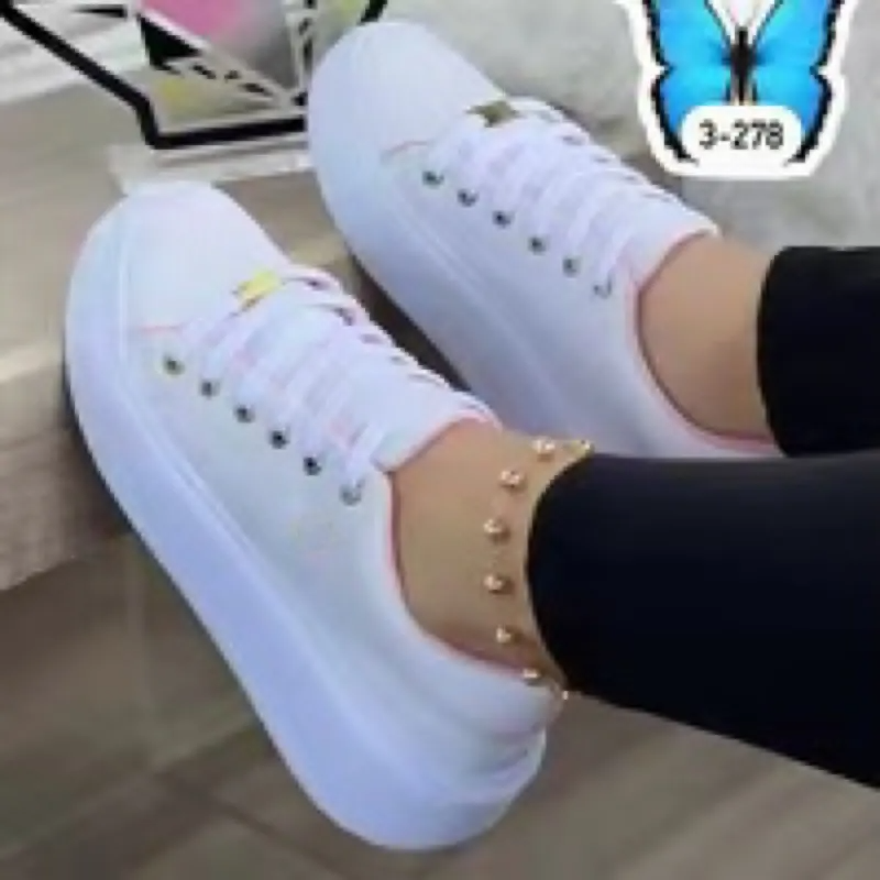 Women Fashion Plus Size Casual Solid Color Round-Head Lace-Up Sneakers