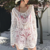 Women Summer Vacation Long Sleeve Lace Mesh Loose Hollow Cover-Ups