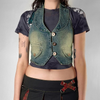 Women Edgy Fashion Distressed Denim Three-Breasted Backless Halter Neck Lapel Vest