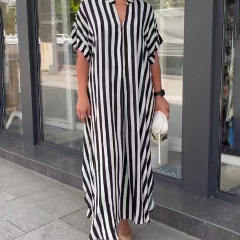 Women'S Fashion Casual Stripe Printing Side Slit Cardigan Loose Short Sleeve Dress