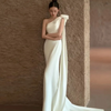 Women One-Shoulder White Satin Sweep Length Wedding Evening Dress