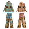 Summer Vacation Women Fashion Satin Graphic Printed Shirt And Wide-Leg Pants Set