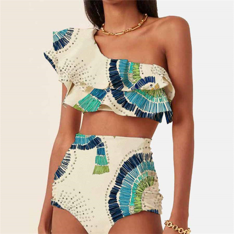 Sexy Women Double Layer Ruffle Graphic Printing One-Shoulder Chiffon Swimwear