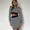 Women'S Fashion Graphic Print Stand Collar Long-Sleeved Cropped Tops Slim Fit Skirt Sets