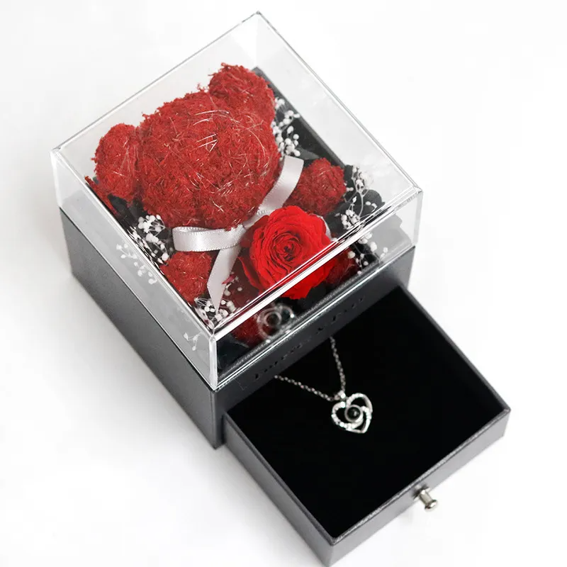 (Buy 1 Get 1) Valentine Day Immortal Rose Bear Drawer Necklace Ring Jewelry Box