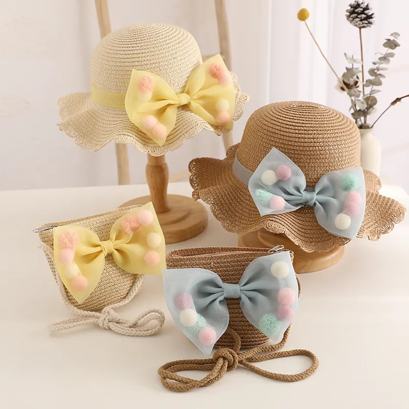 Fashion Bow Design Kids Girls Straw Woven Hat And Bag Set