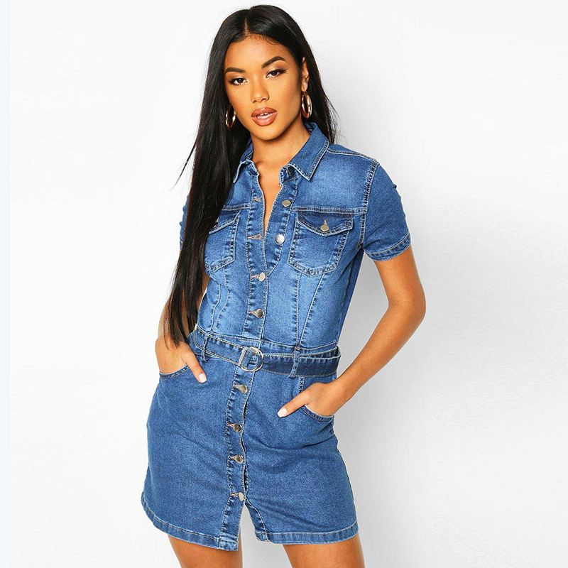 Women Sexy Slim Single Breasted Short Sleeve Denim Dress