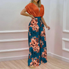 Women Elegant Solid Color Top And Floral Printed High Waist Wide Leg Pants Two Pieces Office Chic Set