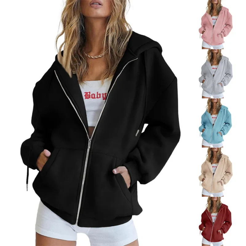 (Buy 1 Get 1) Women Casual Loose Zipper Long Sleeve Hooded Sweatshirt Jacket