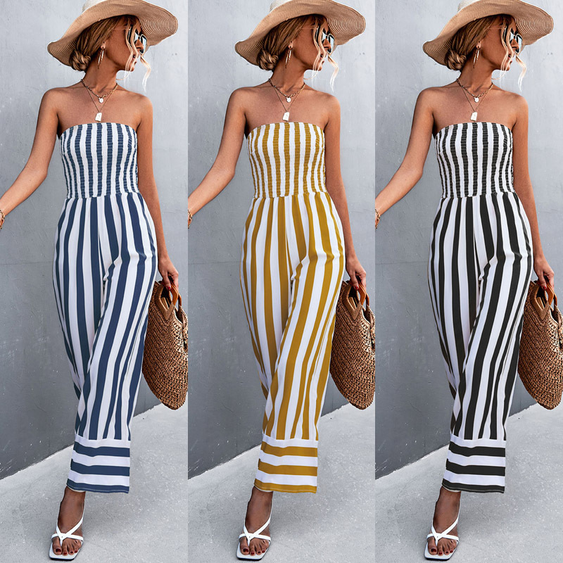 Women Classic Tube Top Print Stripe Jumpsuit