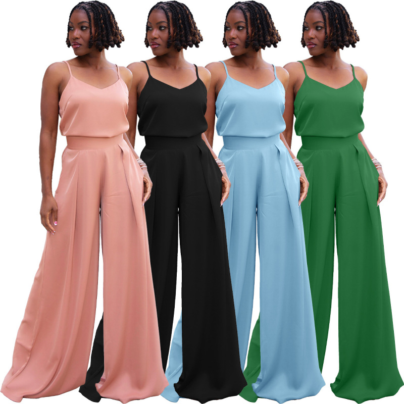 Women Fashion Sexy Suspender Top High Waist Wide Leg Pants 2PCS Set